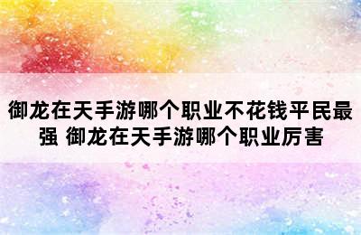 御龙在天手游哪个职业不花钱平民最强 御龙在天手游哪个职业厉害